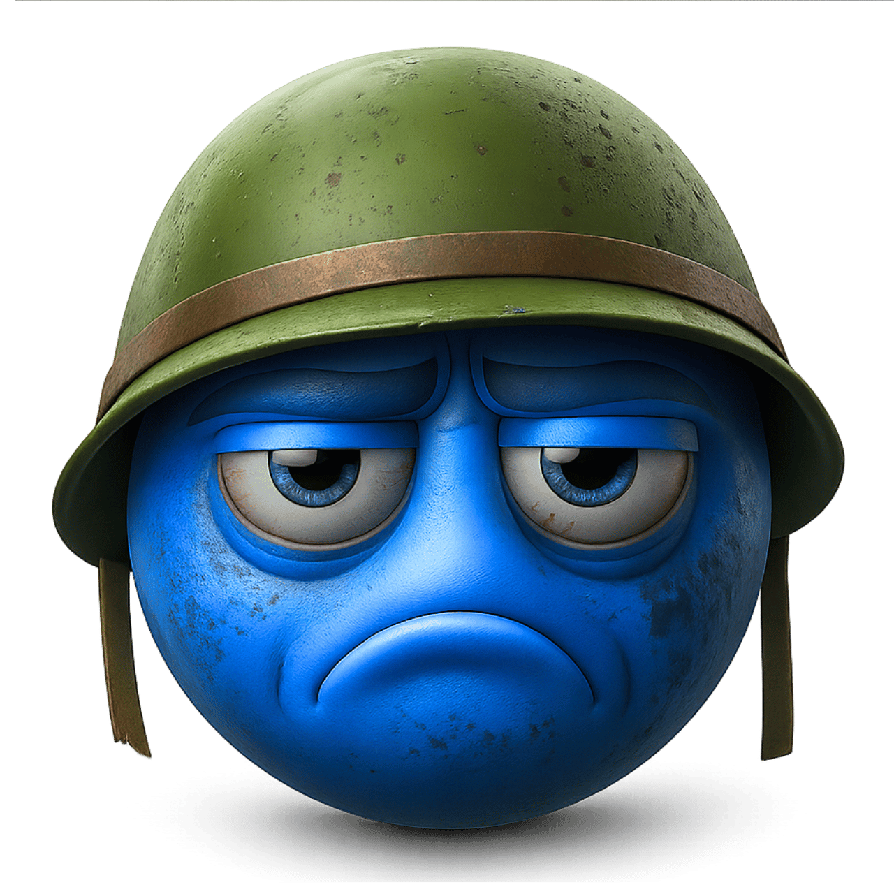 3D Blue Emoji with Army Helmet and Sad Expression